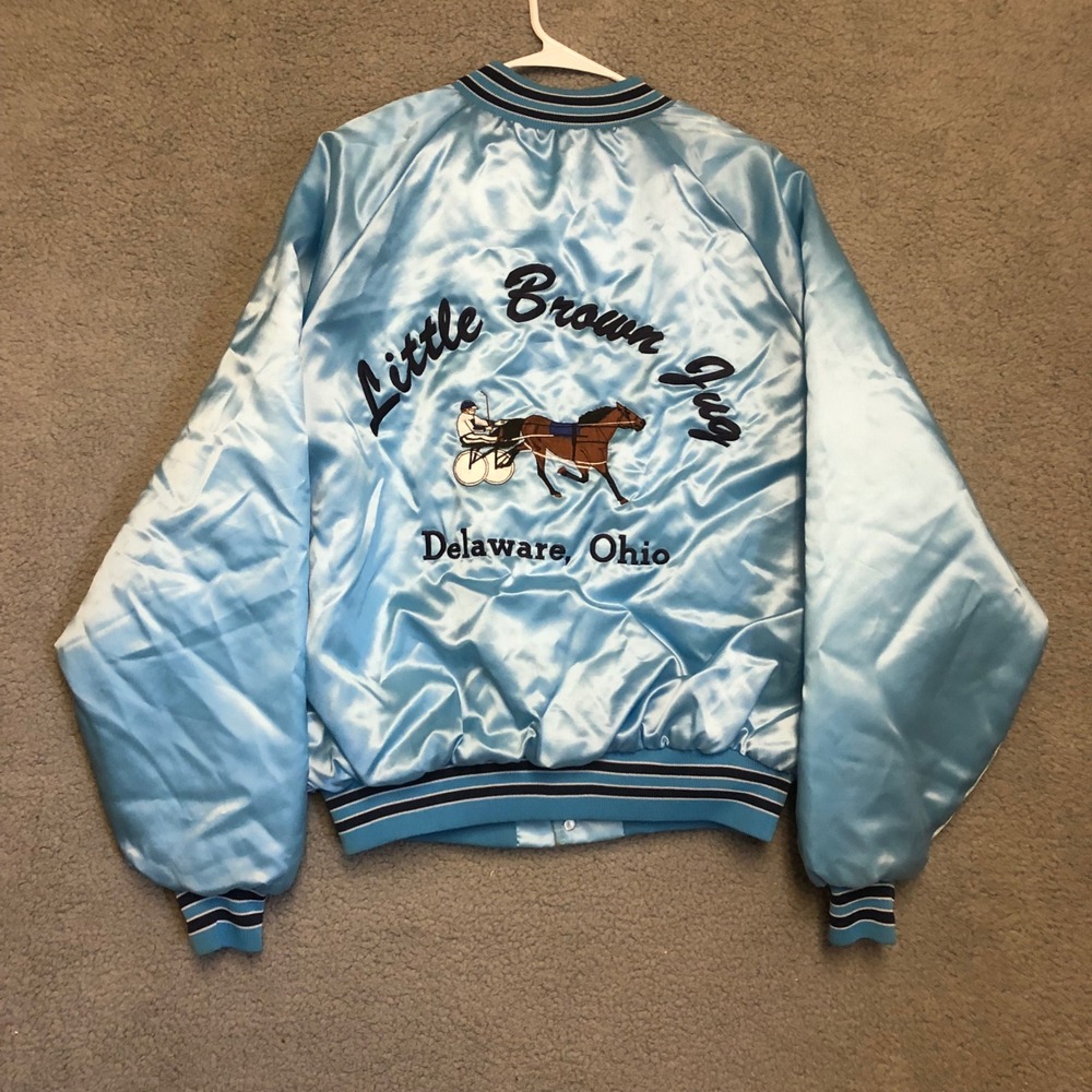 Vintage King Louie Little Brown Jug Satin Bomber Jacket XL Blue Horse Racing USA